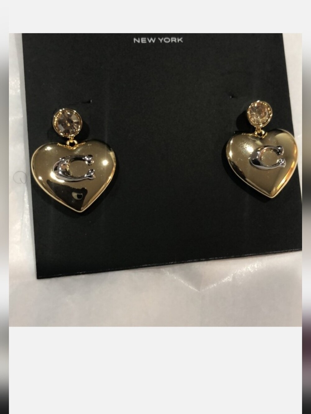 Coach gold plated puffy heart shape citrine gemstone look dangling stud earrings - Picture 6 of 14